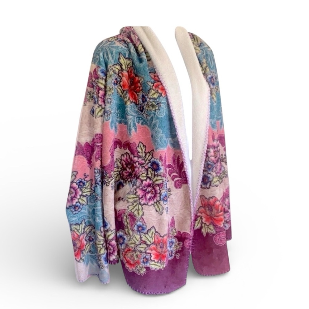 JOHNNY WAS Biya Hoodie Women L EUC cream turquoise purple colorful floral sherpa
